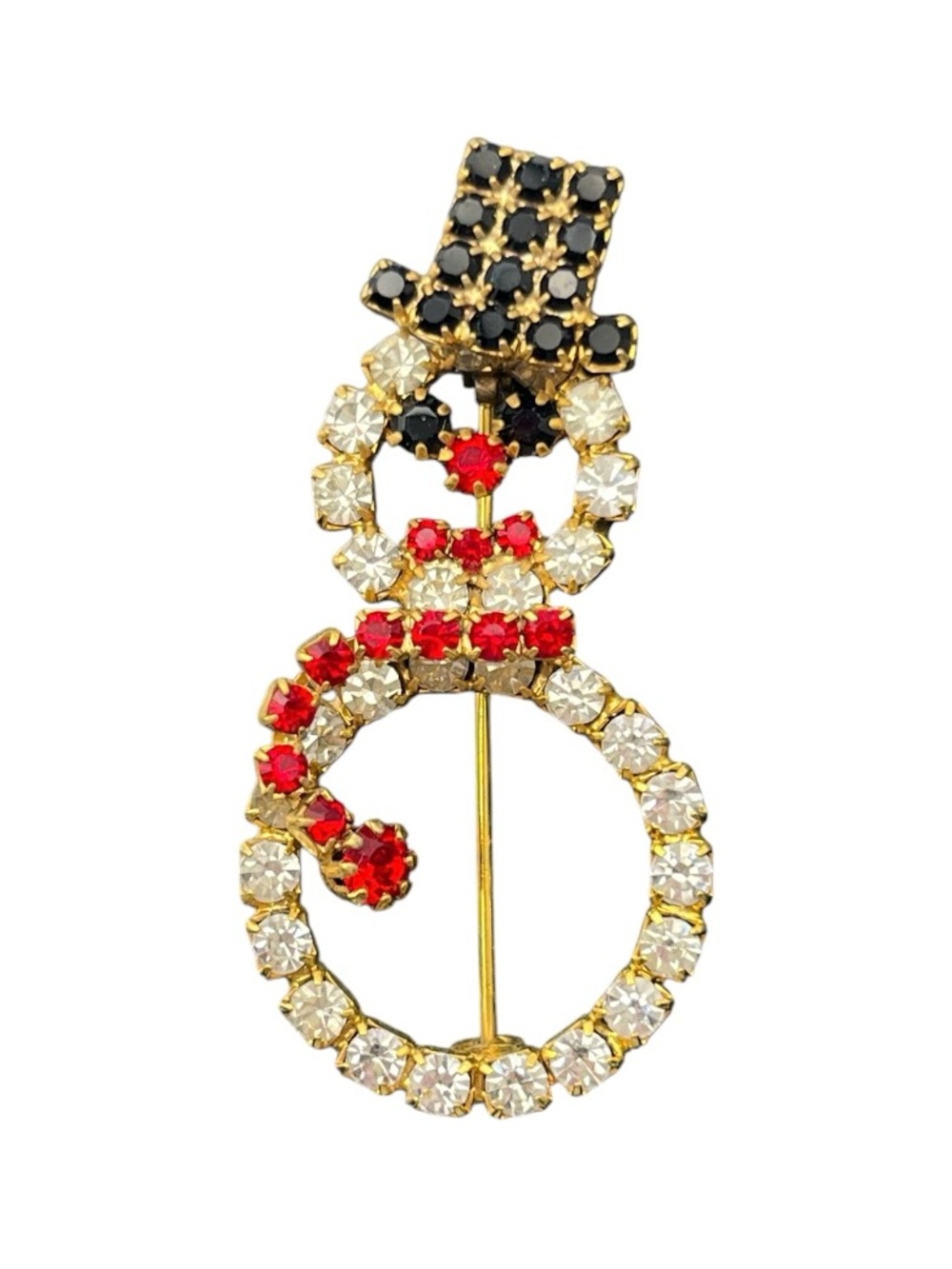 Snowman rhinestone winter Christmas Holiday gold tone brooch pin scarf top hat